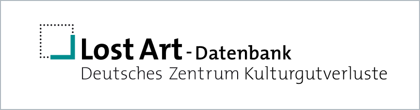 Logo: ein Quadrat aus schwarzen Punkten und mit einer türkisfarbenen Ecke; daneben steht "Lost Art-Datenbank" und darunter "Deutsches Zentrum Kulturgutverluste"