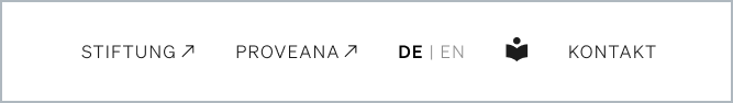 Verlinkungen und Funktionen: Stiftung, Proveana, DE | EN, Figur mit Buch, Kontakt