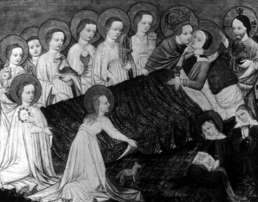 Lost-Art-ID 20649: Das Gemälde zeigt eine Frau im Bett. Neben dem Bett stehen viele Frauen und zwei Männer. Fast alle Personen haben einen Heiligenschein.